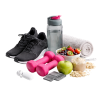 Produtos fitness e saúde como equipamentos, acessórios e itens para bem-estar